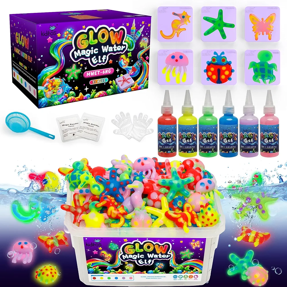 Kiditos Glow in The Dark Magic Water Elf Toy Kit, Magic Aqua Fairy Water Gel Kit with 6 Glow in The Dark Colors and 6 Shape Molds,Birthday Gifts,Party Favors,Arts&Crafts DIY STEM Kits for Kids