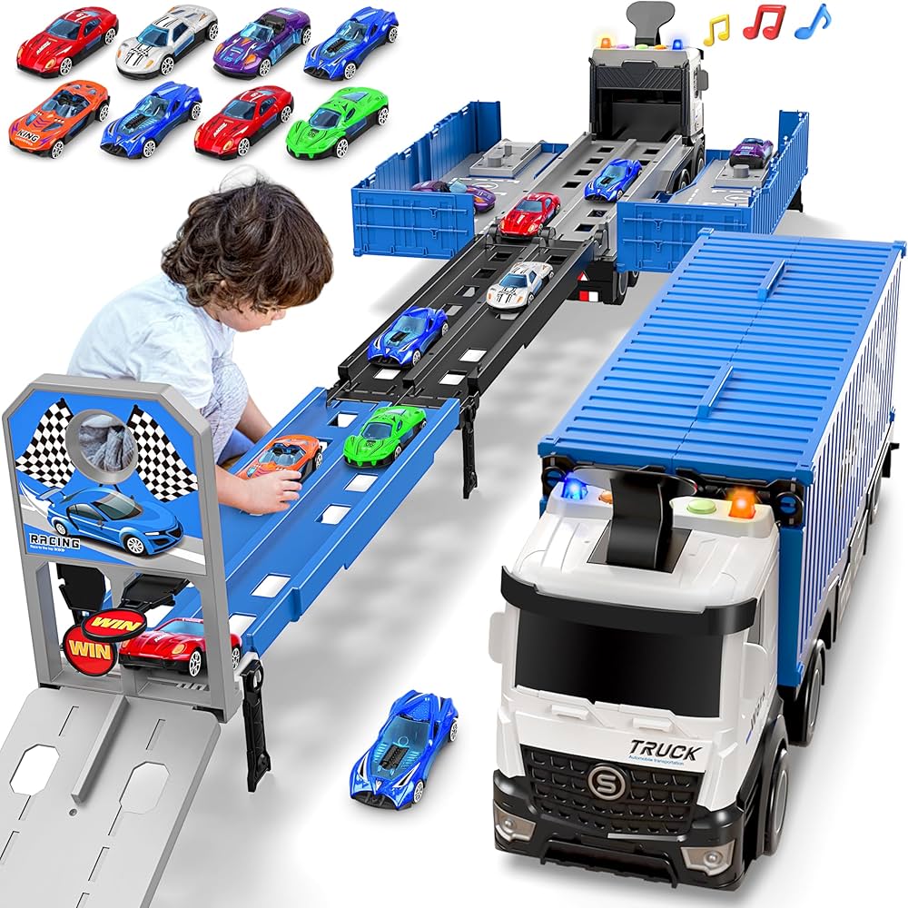 Carrier Truck Race Track Toddlers Toys, Foldable 3 Layer Car Race Track Playset, Toy Truck Transport Car Carrier & 8 Race Cars, Truck Car Kids Toys Xmas Gifts for Age 3 4 5 6+ Years Old Boys Girls