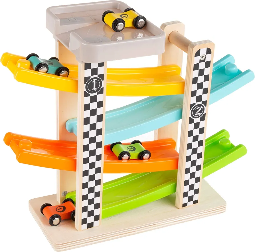 Hey! Play! Toy Race Track and Racecar Set- Wooden Car Racer with 4 Colorful Cars with Moving Wheels, Ramps- Fun Cars Set for Boys and Girls , Brown