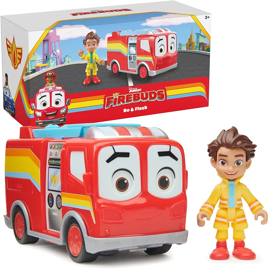 Disney Junior Firebuds, Bo and Flash, Action Figure and Fire Truck Vehicle with Interactive Eye Movement, Kids Toys for Boys and Girls Ages 3 and up!