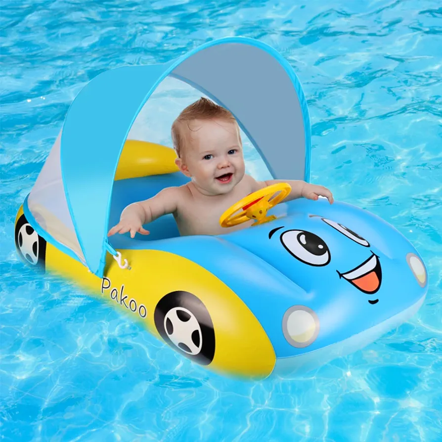 Baby Pool Float with UPF50+ Adjustable Canopy, Inflatable Baby Car Pool Float Boat Baby Swim Float Toddler Pool Float Kids Baby Float Toddler Floaties Infant Pool Float Toys for Baby 18-36 Months