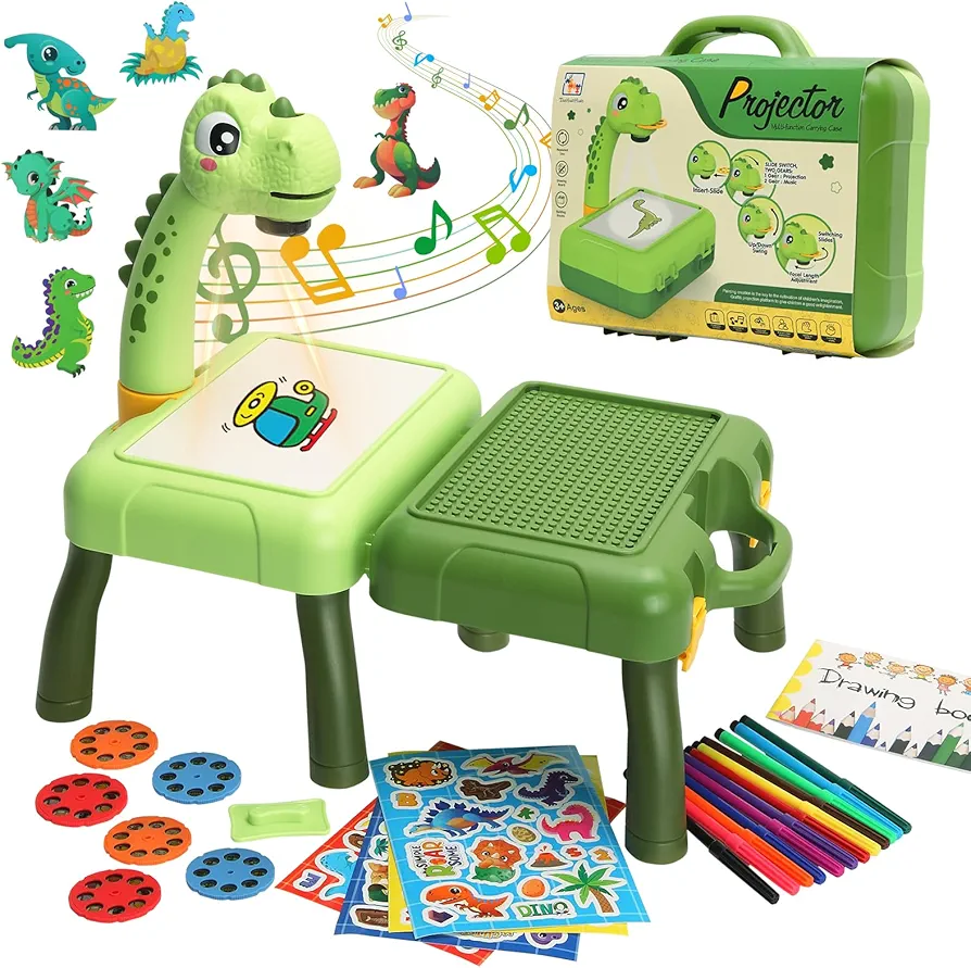 Drawing Projector for Kids, Dinosaur Trace and Draw Projector Toy, Handbag Design Art Tracing Projector with Music, Dinosaur Toys for Kids 3-5 Christmas Gifts for Kids Boys Girls (Green)