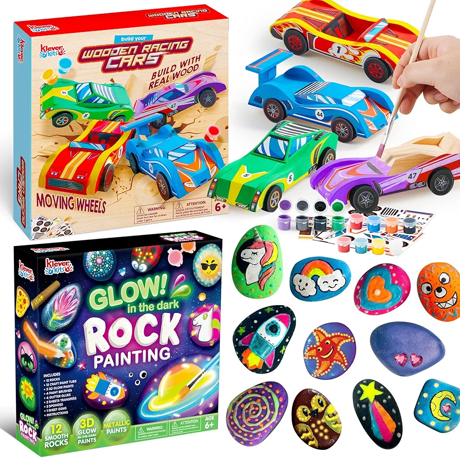 4 DIY Wooden Race Cars and 12 Rock Painting Kit- Glow in The Dark Rock Set, Arts and Crafts for Kids Ages 6 and Up, Kids Craft Paint Kits, Arts & Crafts Toy for Boys & Girls Birthday Party Gift