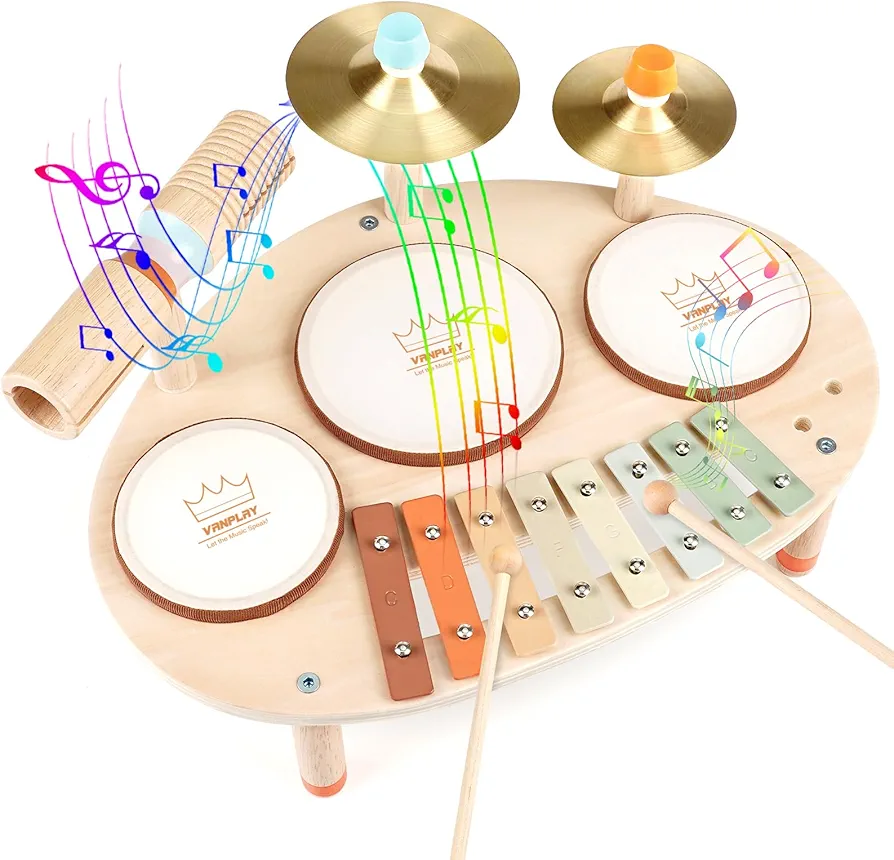 Kids Drum Set for Toddlers Baby Music Instruments, Natural Wooden Music Toy with Xylophone, Montessori Toys for Kids Ages 1-3 Birthday Gifts for Girls Boys