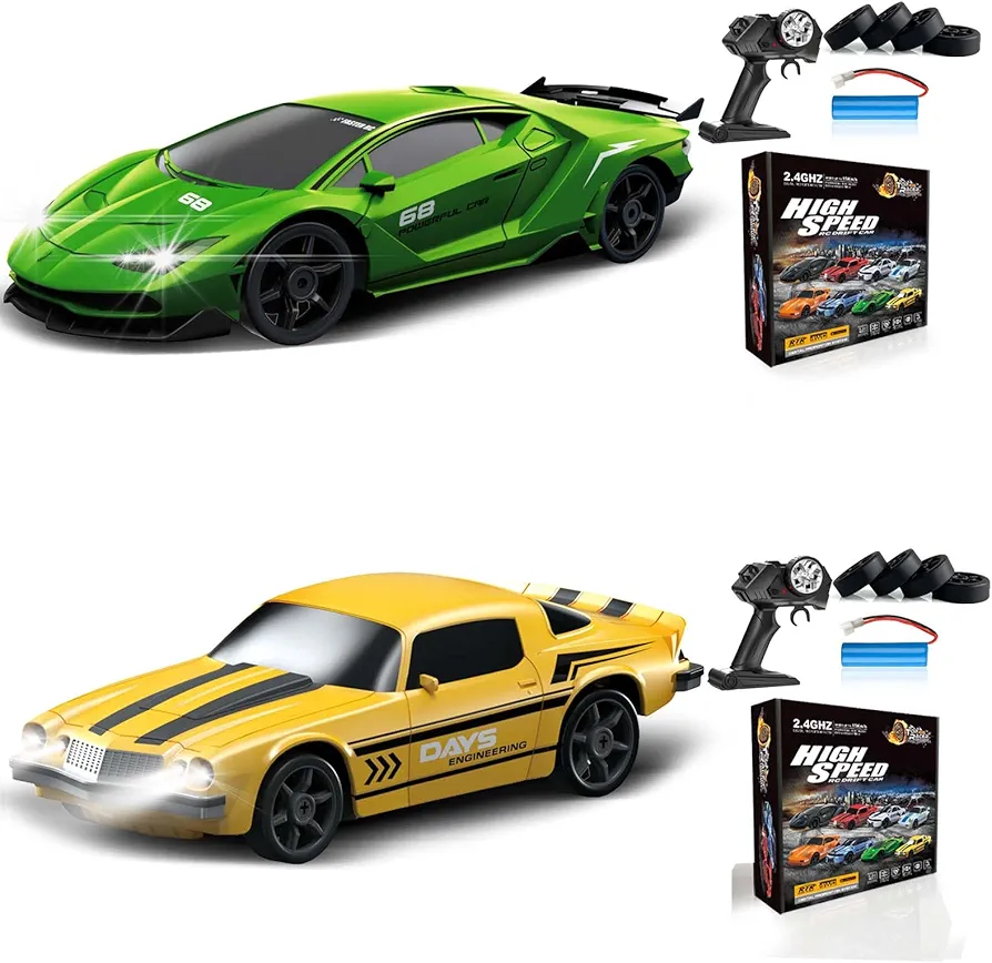 2PCS RC Drift Car 1:24 Remote Control Car 4WD 15KM/H High Speed Racing Sport Car with LED Lights RC Cars Toy Cars for Kids Boys Girls Adults Gifts Birthday Christmas Rechargeable Batteries