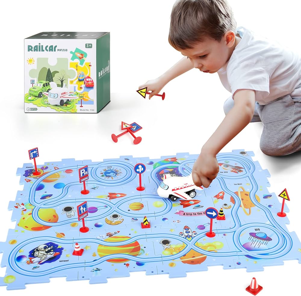 Plastic Puzzles for Kids Ages 3-5 with A Cute Vehicle, Toddler Puzzle Track Play Set Gift, Race Tracks for Kids 3-5, Toys for 3 4 5 6 Year Old Boys Girls, Montessori Toys for Kids