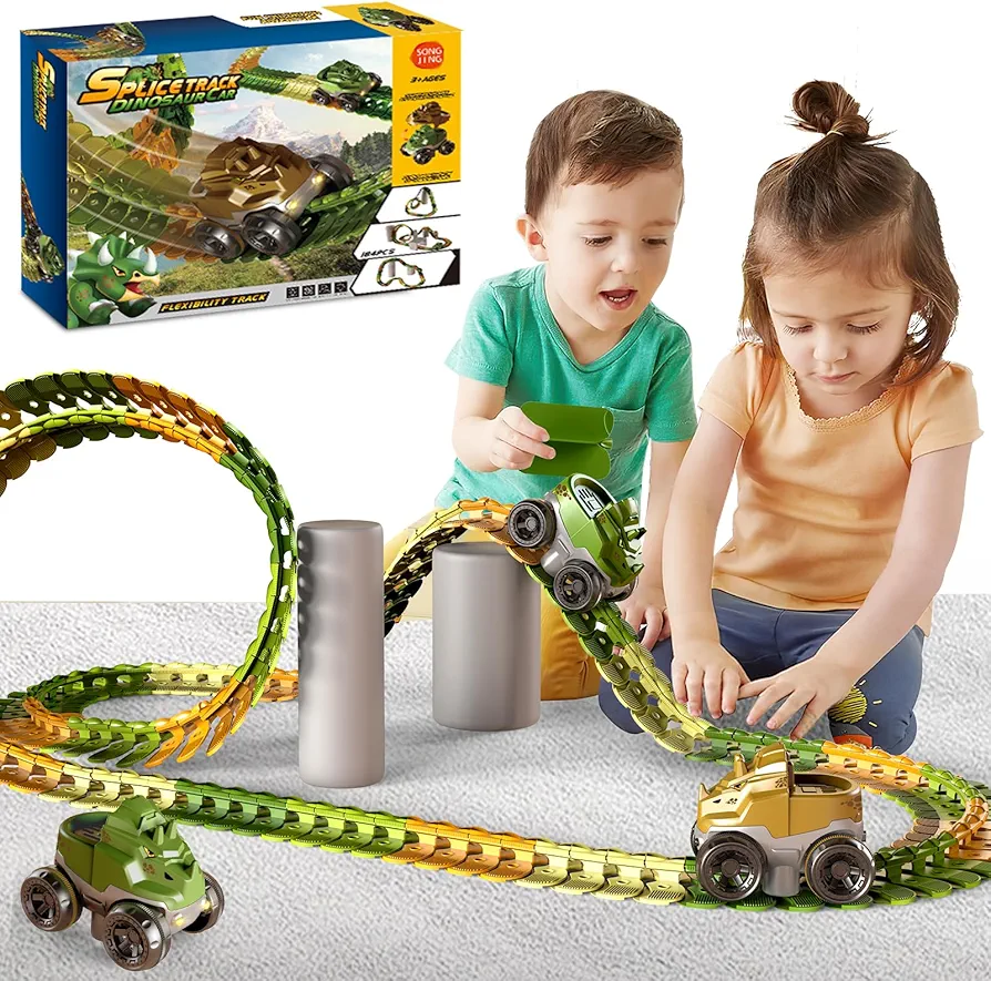 Dinosaurs Race Track Toys, Dinosaurs Roller Coaster, Dinosaur Racing Car Flexible Track Playset, Best Gift for 3 4 5 6 Year & Up Old Boy & Girls (138PCS)