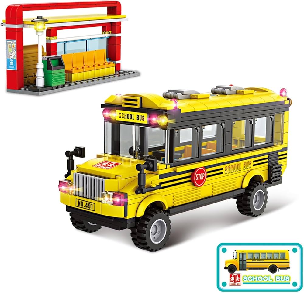 City School Bus Building Kit(488 PCS) with Yellow Bus and Bus Station, Creative Building Blocks Toy Birthday Gifts for Kids Boys Girls Aged 6-12