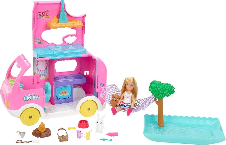 Barbie Toy Camper & Chelsea Doll, 2-in-1 Playset with 2 Pets & 15 Accessories, Vehicle Transforms into Camp Site (Amazon Exclusive)