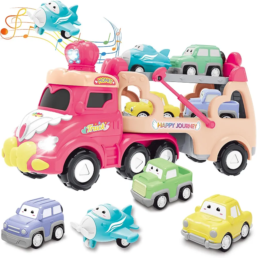 Toddler Car Toys For3 4 5 6 Year Old Girl,5 in 1 Toddler Girl Toys,Pink Princess Transport Carrier Trucks with Lights & Music, Birthday 、Christmas、Easter Gifts for Girls