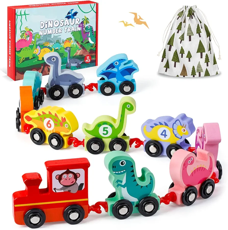 EDUJOY Toddler Toys for 2 Year Old Boy Birthday Gift, Wooden Dinosaur Train Set - Montessori Toys for 2 Year Old, Learning Dinosaur Toys for Kids Ages 2-4 Boys Girls Toddler Toys 2-3