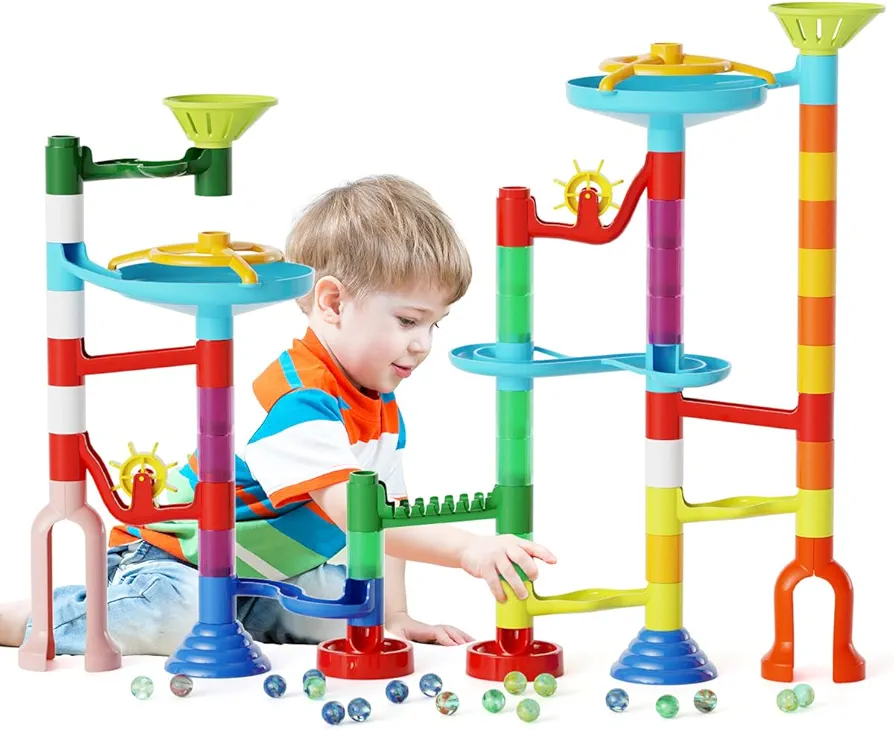 Marble Run Toy, 110pcs Marble Maze Kit STEM Educational Learning Toy for Kids, Mable Race Construction Railway Building Blocks with 60 Marbles Birthday Gift for Boys Girls 3 4 5 6 7 8 + Years Old