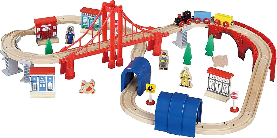 inc. Giant 60 pc Wooden Train Set - Complete Toy Railway w/Tracks, Engine, Cars, Bridges, Stations, People, Signs. Genuine Hardwood, Compatible with All Major Brand Accessories