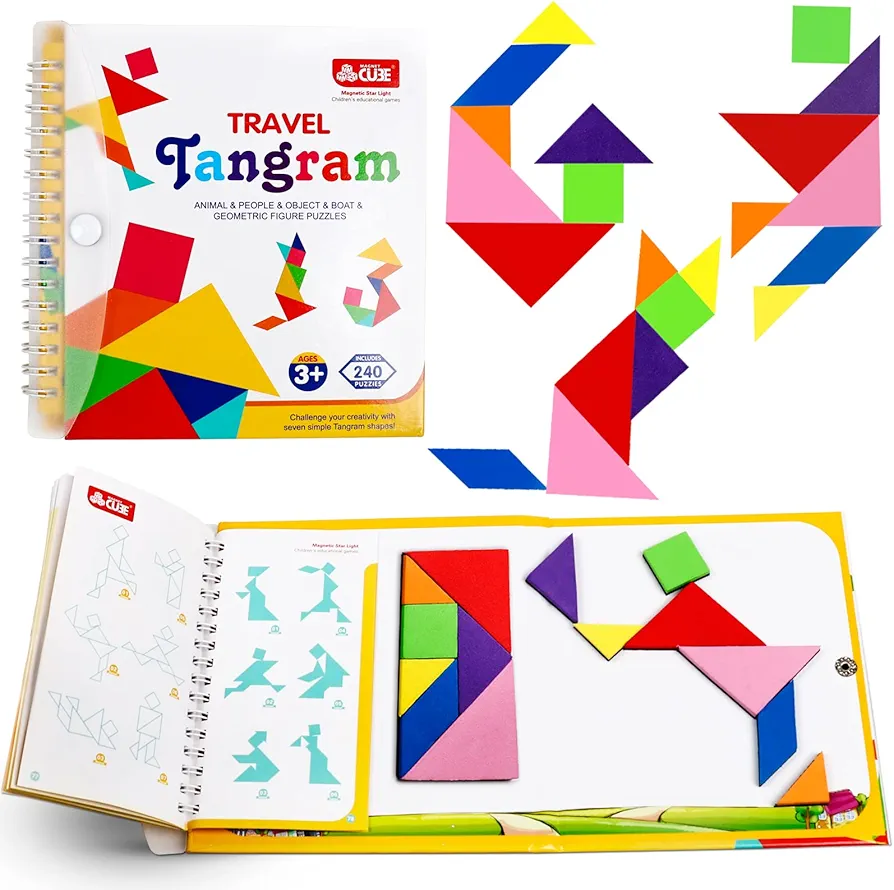 Travel Tangram Puzzle Car Game Magnetic Pattern Blocks Road Airplane Trip Essentials Activities Montessori Educational Toys Brain Teasers Book for Age 4-8 Kids Boys Girls Toddler (240 Solution)