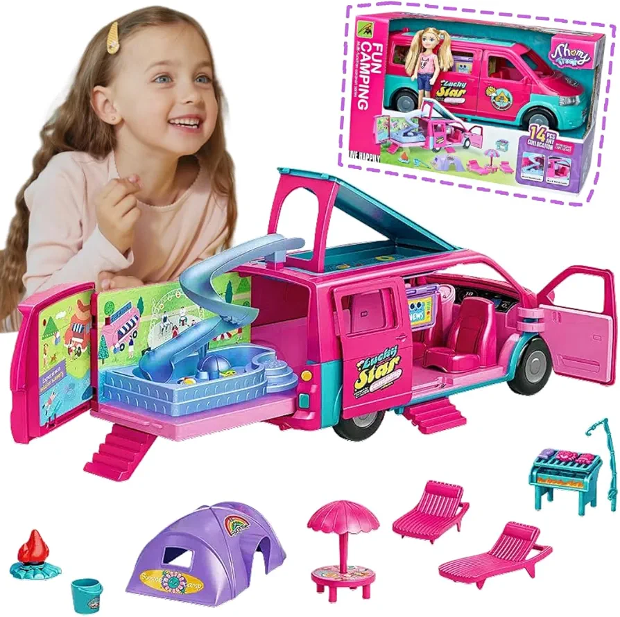 Doll House Camper Vehicle Playset for girls,Portable Pretend DollHouse Play,Camper toy Vehicle RV Van, Camper Car toy with Doll Furniture & Accessories,Transformable Camper Vehicles, Toddler Toys 3+