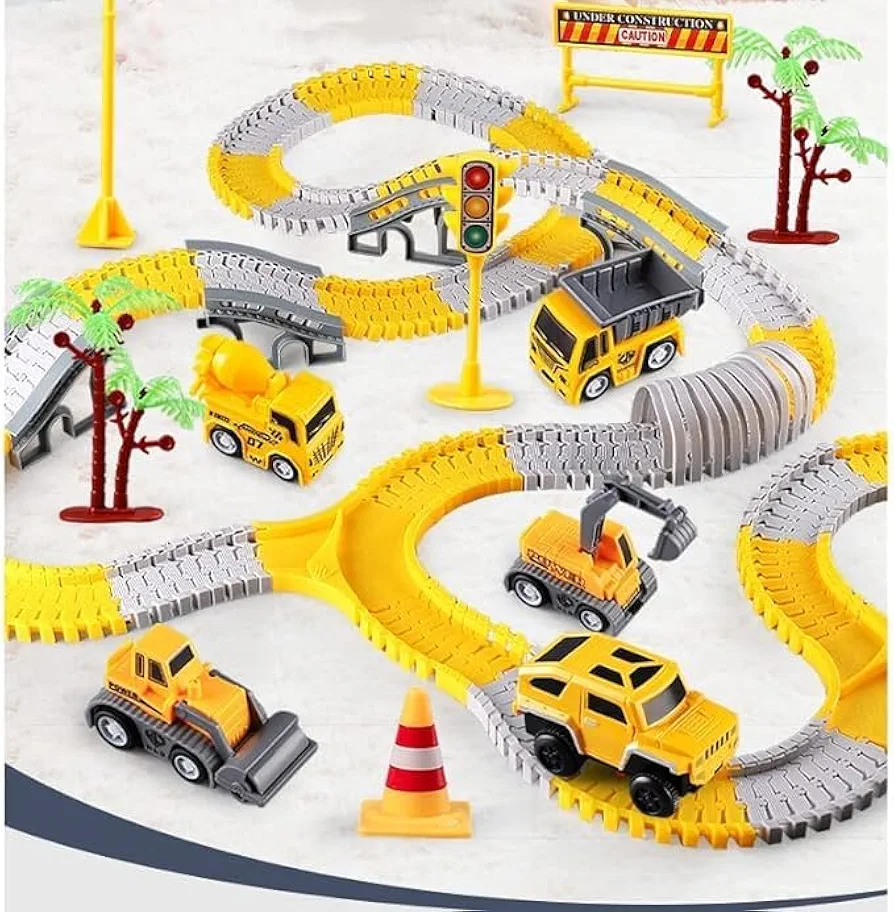 Construction Race Tracks for Kids Toys,305 pcs Tracks 2 Electric Toy Cars,4Construction Cars, DIY Collage Flexible Track Toys Set, Kids Gifts for 3 4 5 6 7 8 Year Old Boys and Girls Toys