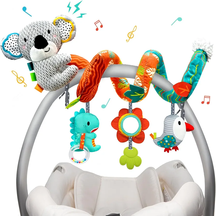 XIXILAND Car Seat Toys Baby Toys 0-3 Months Developmental, Stroller Toys Infant Toys 0-6 Months Newborn Toys, Carseat Toys for Infants 0-12 Months with Dinosaur, Lion Mirror, Teether