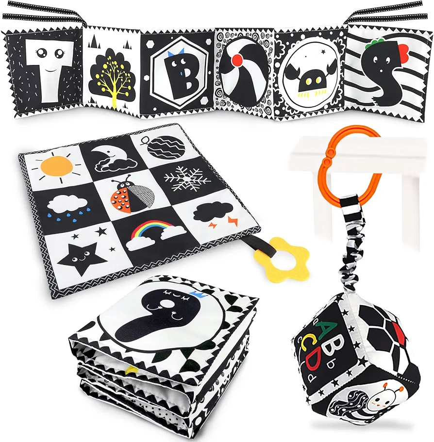 Black and White High Contrast Baby Toys 0-3 Months for Newborn, Montessori Toys Sensory Infant Tummy Time Toys Baby Essentials 0-6 Gifts