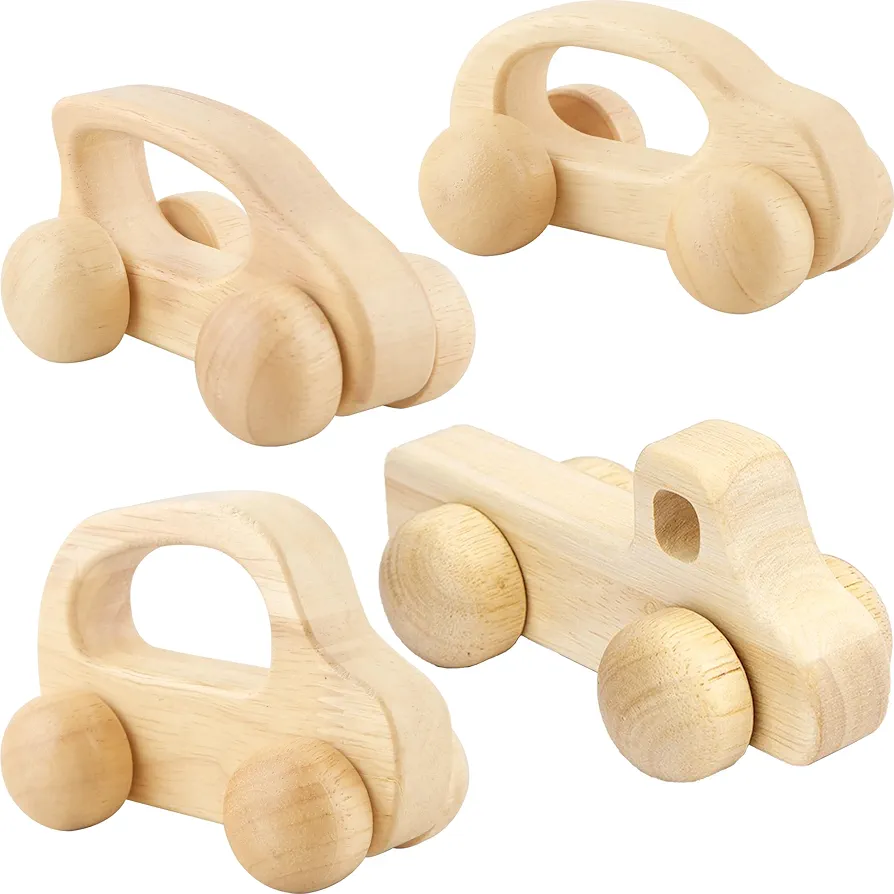 4 Pack Wooden Toy Cars Mini Push Wood Truck Car Natural Wood Toys for Baby Toddler Birthday Gifts Nursery Decoration, 4 Styles