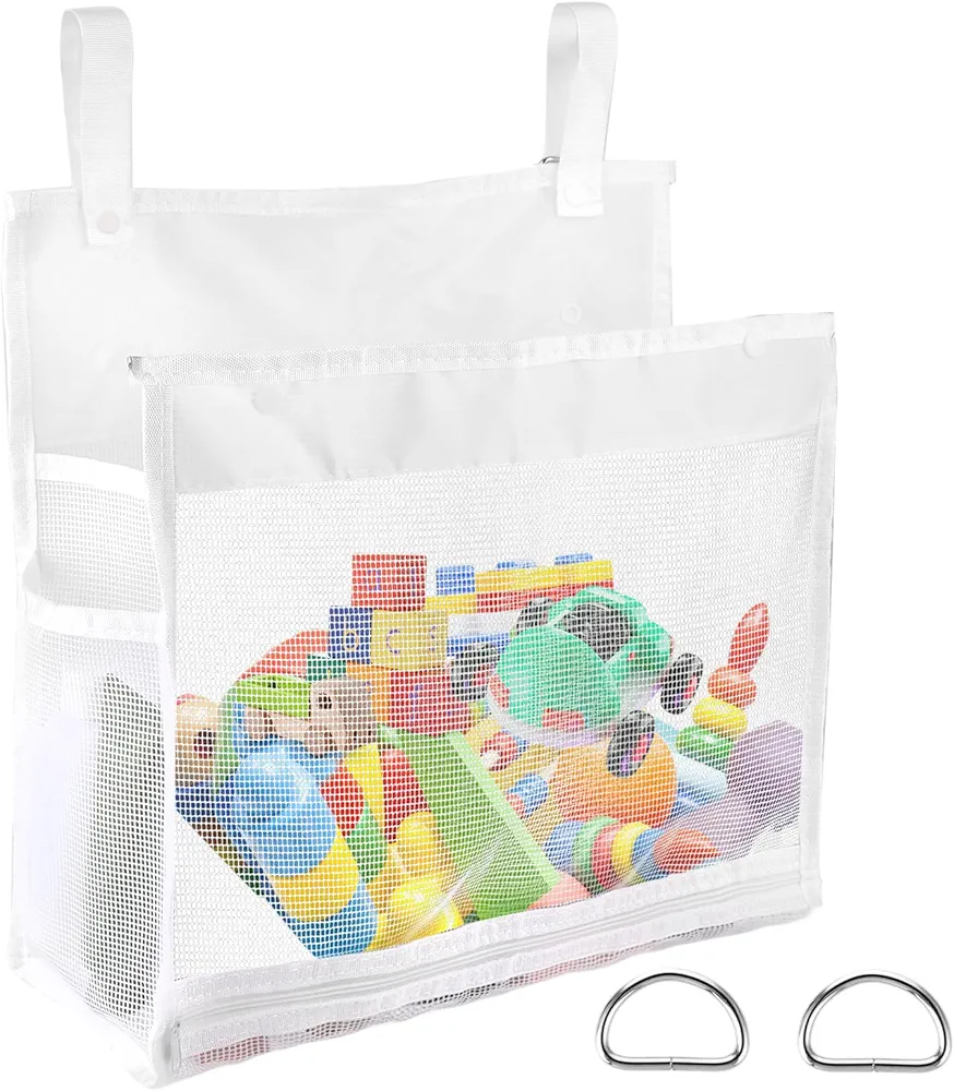 Baby Bath Toy Organizer Bathtub Toy Holder Shower Caddy 14× 11 × 6 inches Toy Storage Net Bags with 2 Side Pockets Hanging bag Multi-use Bathroom Decor For Kids Toddlers School Office Storage