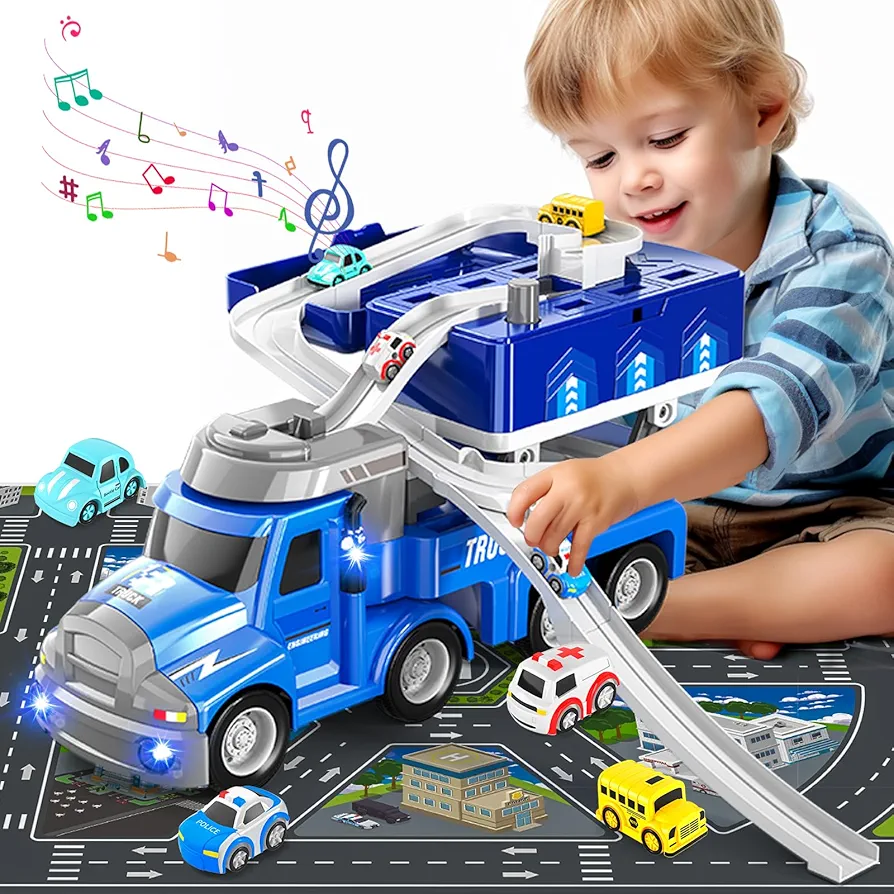 Truck Toys for Toddlers 1-3, Race tracks for kids ages 3-5, Truck Transport Car & 4 Race Cars-Truck Car Toddlers Toys Gifts for Age 3 4 5 6 7 8+ Years Old Boys Girls