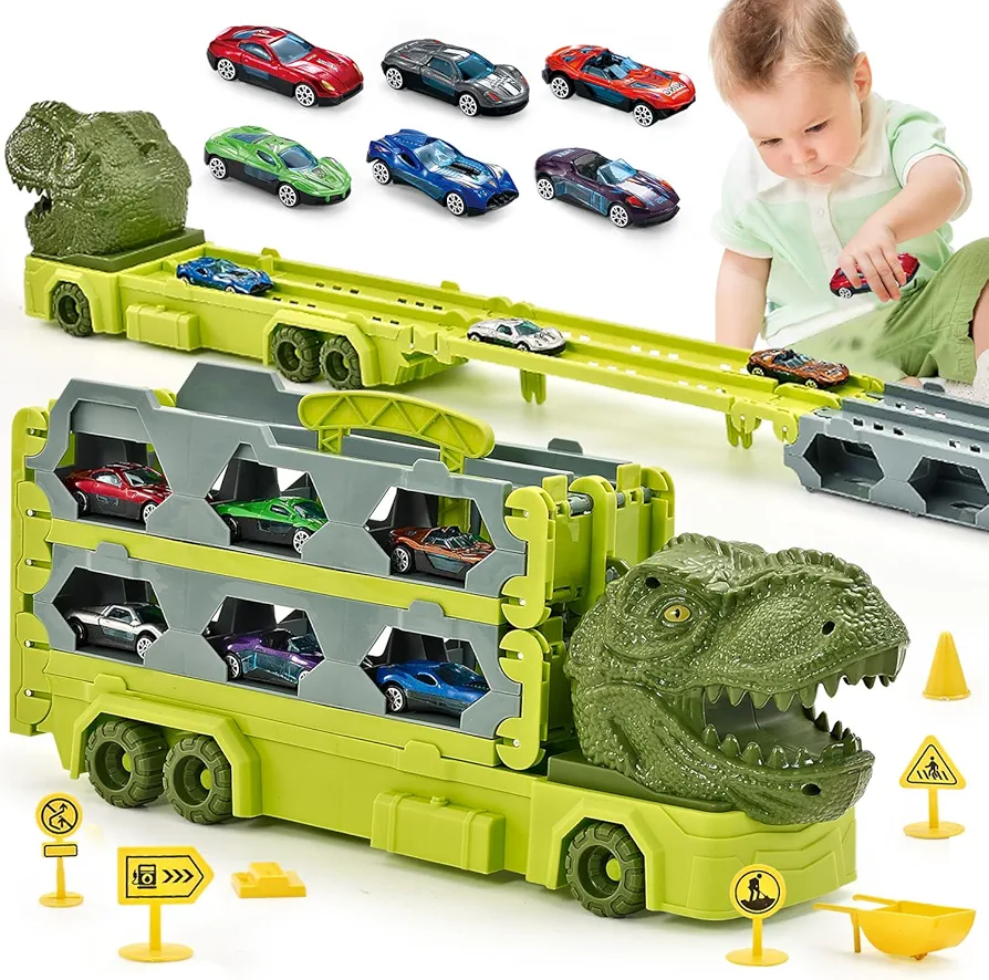 Large Truck Dinosaur Toys for Toddlers, 67 in Race Track Dinosaur Transport Carrier Truck with Die-Cast Metal Cars Dino Toys Gifts for Kids Boys Aged 2 3 4 5 6