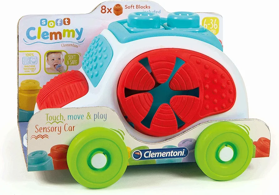 Clementoni- Soft Clemmy Sensory Car: Fun & Developmental Play for Babies & Toddlers, Stimulating Textures, Shapes & Stacking Blocks - Multicolored (6+ Months)