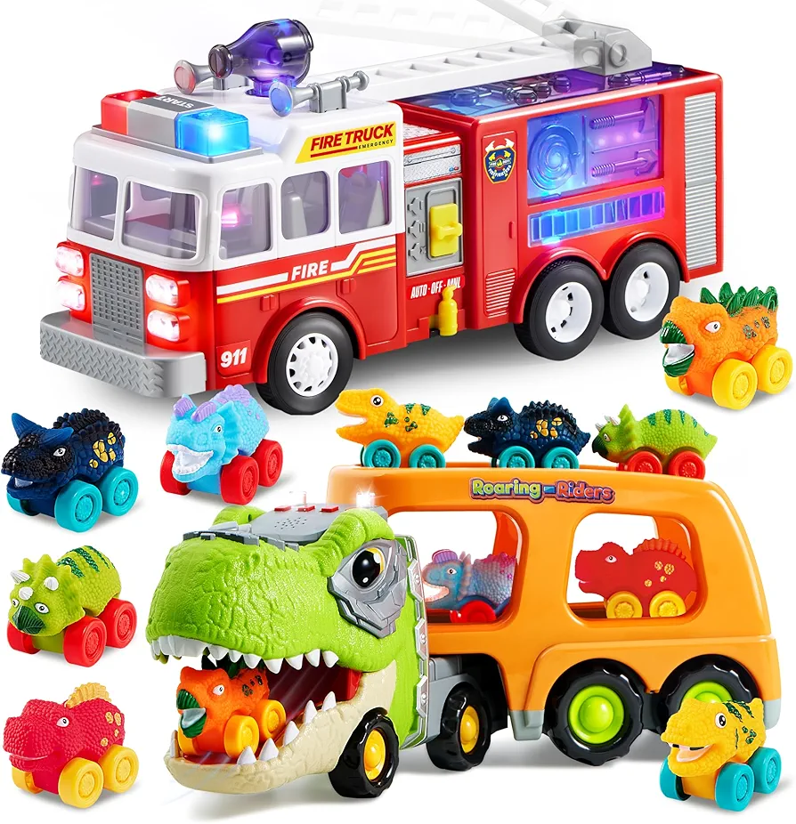 JOYIN LED Fire Truck Toy for Toddlers, Bump and Go Fire Engine Trucks with Mode Switch & Volume Control, Dinosaur Truck Toys for Kids 2-4, Kids Toys Boys Age 2 3 4 5, Dinosaur Car Carrier Truck Toy