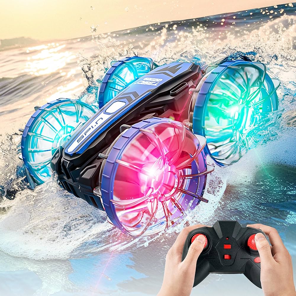 BEZGAR Amphibious Remote Control Car Boat- 2.4GHz Gesture Sensor, 4WD Remote Control Car with LED Lights, Waterproof RC Stunt Car for Boys, Girls Kids & Adults