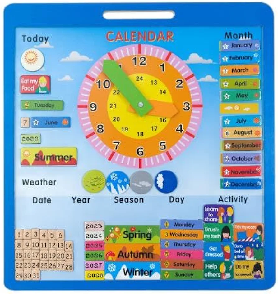 Wooden Magnetic Learning Calendar with Clock, Setting Schedule and Activity Plan, Educational Toys and Gift for Boys Girls 3 Years up