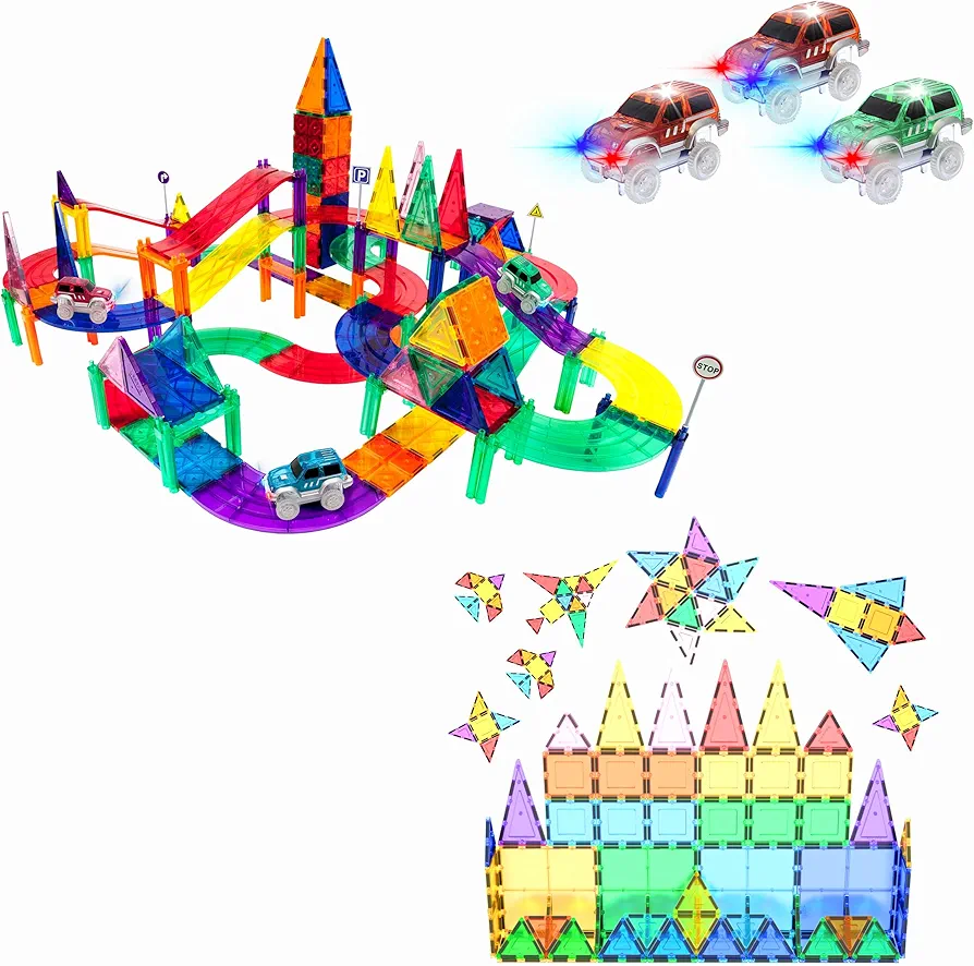 PicassoTiles 128PC Magnetic Race Car Track + 60PC Magnet Tiles, Fun & Creative Playset: STEAM Learning, Enhance Construction Skills, Hand-Eye Coordination and Fine Motor Skills, Gift for Boys & Girls