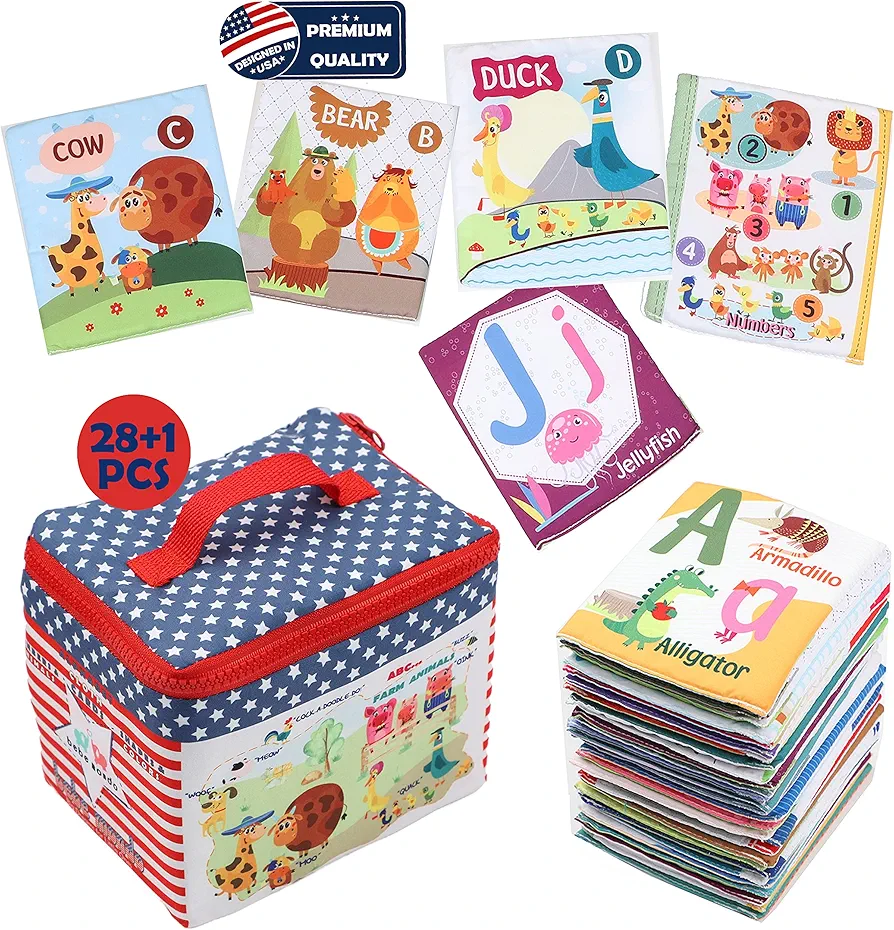 Alphabet Baby Toy Gift, Soft Cloth Alphabet Cards 28PCS, ABC Learning Flash Cards with Bag, Early Educational Learning Toys for Babies Infants Toddlers 1-2 2-4 Years Boys Girls, & Animal Guide Book