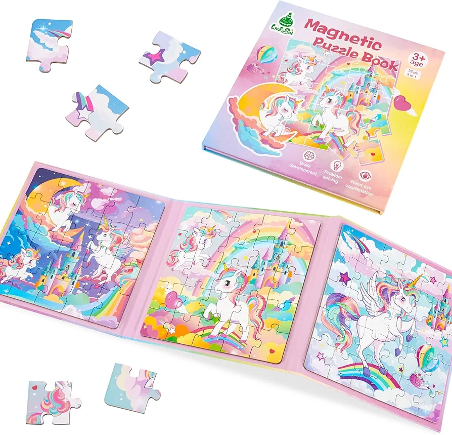 Unicorn Magnetic Puzzle for Kids 3-5, 75 pcs Magnetic Travel Puzzles Games for Toddlers Ages 3-8 Car Plane Road Trip Activities 3 in 1 Toys Gift for Girls