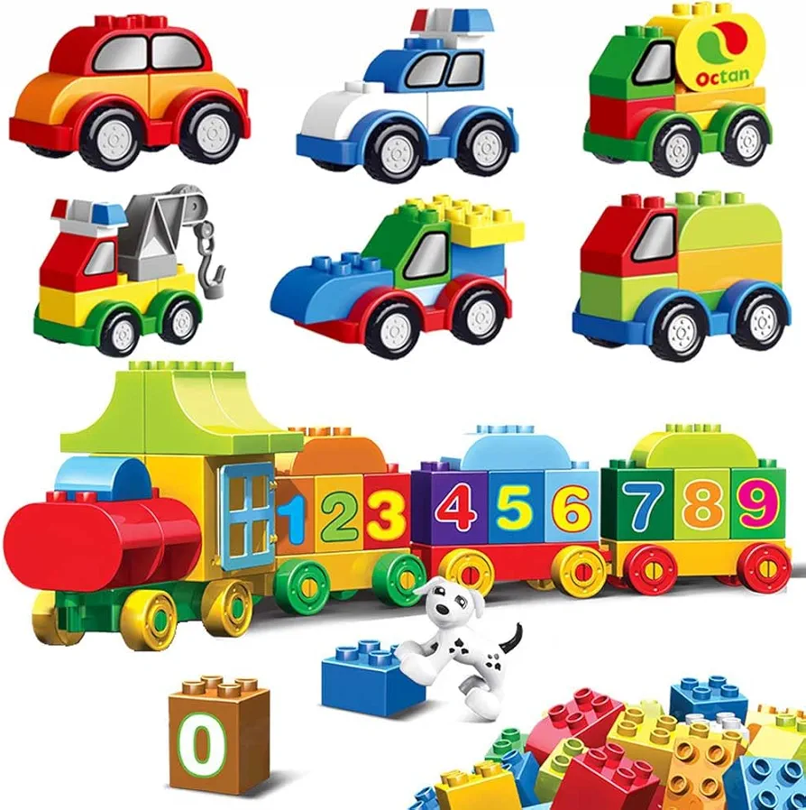 85PCS Toddlers Car Building Blocks Set, 6Pcs Different Vehicles and A Counting Train Educational Toy, Build Your Own Toy Cars, Gift for Kids Toddlers Boys Girls 3+ years old