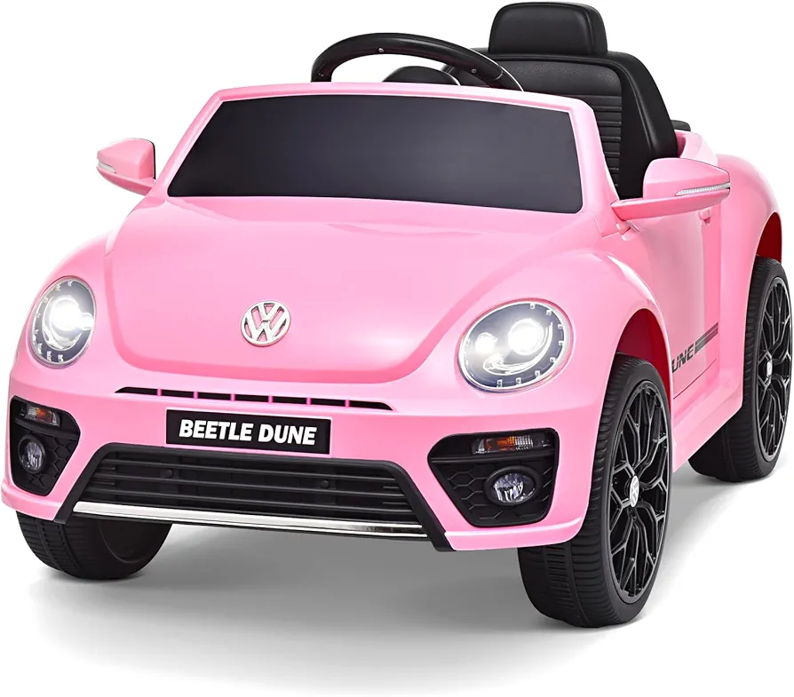 Joywhale 12V Kids Ride on Car Compatible for Volkswagen Beetle Battery Powered Electric Vehicle for Kids, with 2.4G Remote Control, 3-Speed, Spring Suspension, Seat Belt, Headlights, Music & FM, Pink