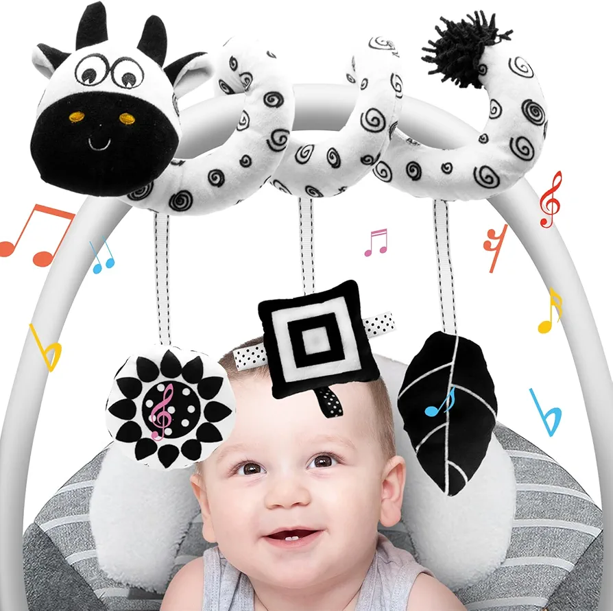 FATI Spiral Black and White Baby Car Seat Toys, High Contrast Toy Hanging Toys for Carseat Activity Toys, Newborn Plush Stroller Toys for 0 3 6 9 12 Months Boys Girls Sensory Development Ideal Gift