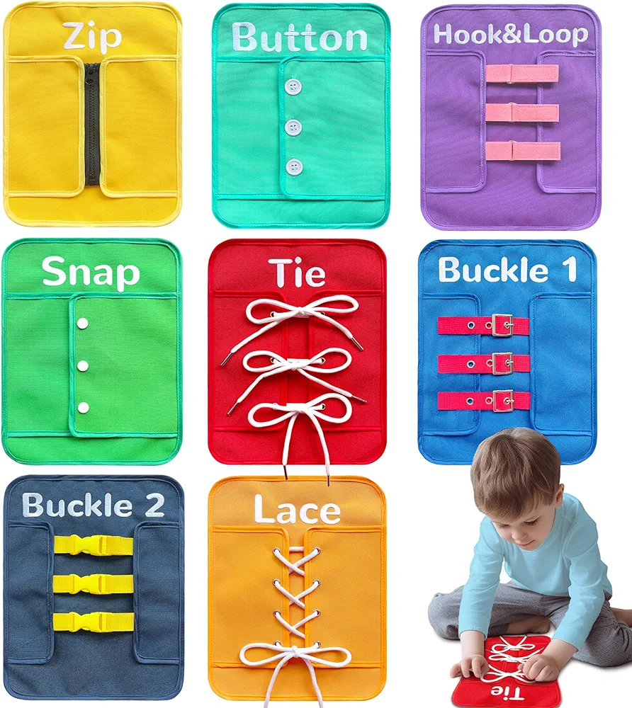 Toddlers Busy Board Montessori Toys for 3 4 5 Year Old Girls Boys, Fine Motor Skill Toys Basic-Life-Skills Shoe-Tying Practice for Kids, Buckle Zip String Toys Teacher Preschool Classroom