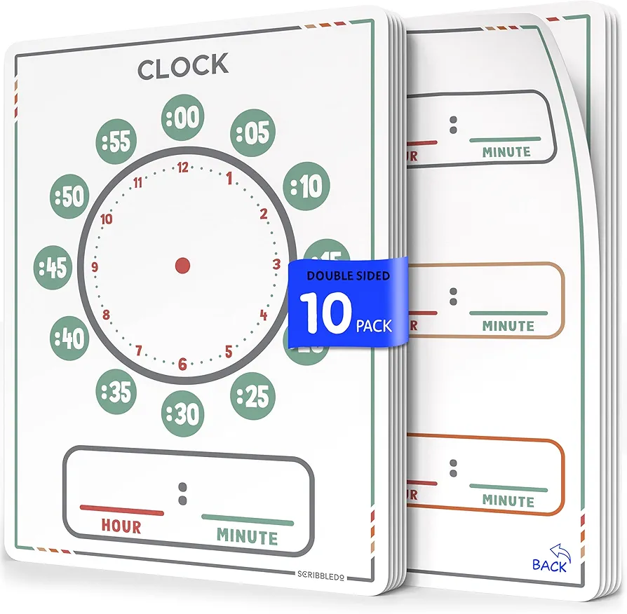 Scribbledo Telling Time Teaching Clock for Kids 9”x12” Learning Clock Dry Erase Sheets Homeschooling Supplies Learn to Tell Time Analog Clock Classroom Pack of 10 Sheets