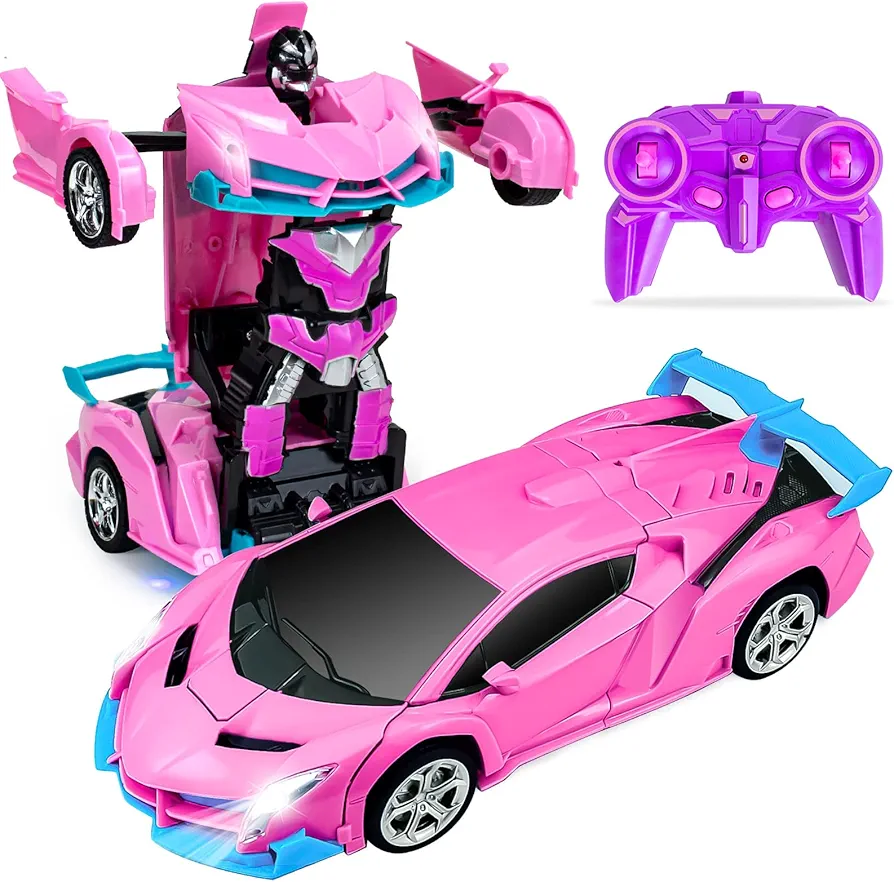 Remote Control Car, Transformation Car Robot Rc Cars for Kids Boys Girls Gift, 1:18 Scale Racing Car with One-Button Deformation & 360°Drifting Robot Car Toys for Boys Pink