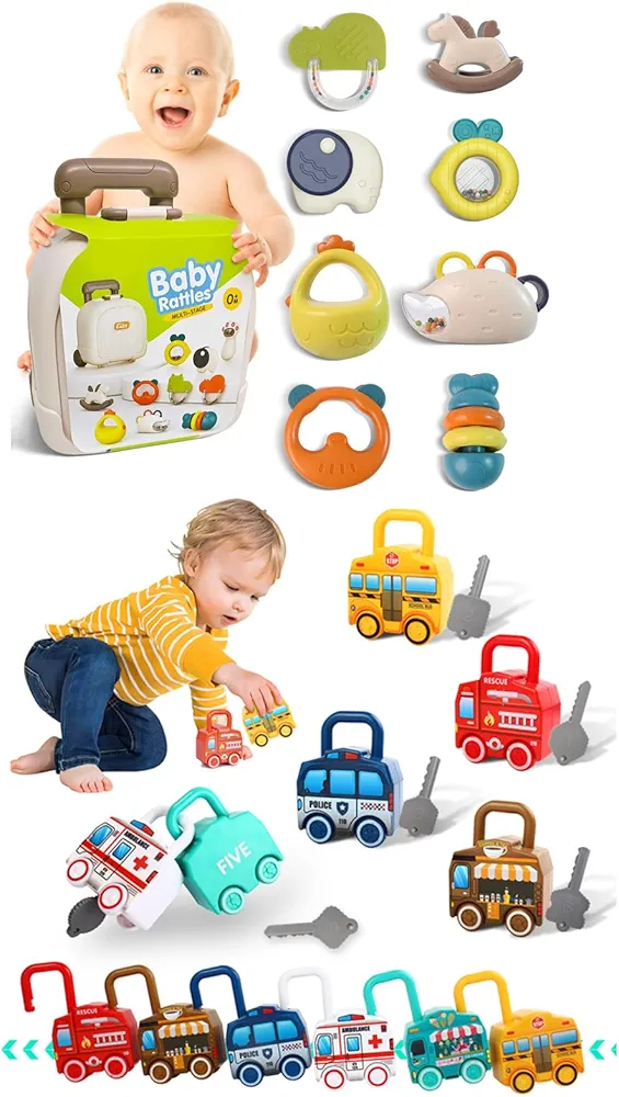 Baby rattles 0-6 Months, Teething Toys 3-6 Months, Lock and Key Car Toys for Toddlers 1-3, Sensory Numbers Matching & Sorting