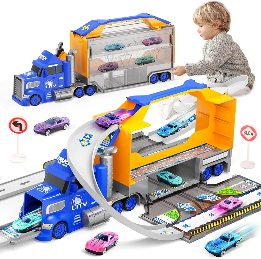 Truck Race Track and Die-Cast Metal Toy Cars, Truck Toys for 3 4 5 6 7 Years Old Boys Kids Toddler Car Toy Set Gifts for Boys and Girls