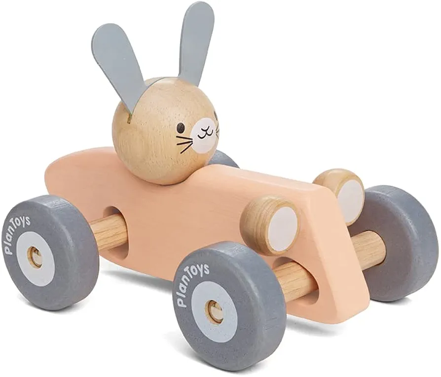 PlanToys Wooden Bunny Rabbit Racing Car with Vintage Car Theme (5717) | Pastel Color Collection |Sustainably Made from Rubberwood and Non-Toxic Paints and Dyes