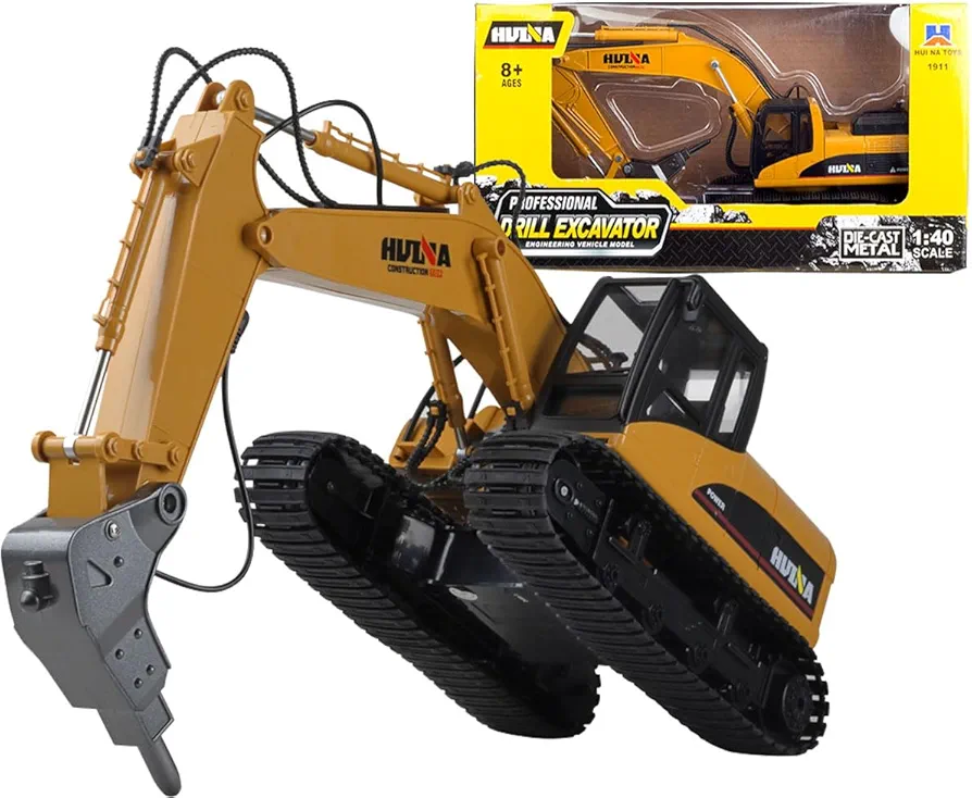 Gemini & Genius Drill Excavator Toy, Demolition Machine Car, Construction Vehicle Toys 1/40 Scale Die-cast Impact Hammer Engineering Truck, Alloy Models Toys for Kids