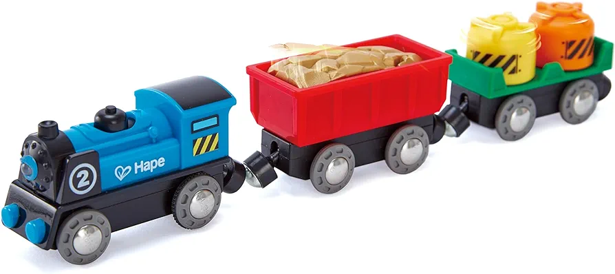 Hape Battery Powered Engine Set | Colorful Wooden Train Set, Battery Operated Locomotive With Working Lamp Multi-color, L: 11.4, W: 1.4, H: 2 inch