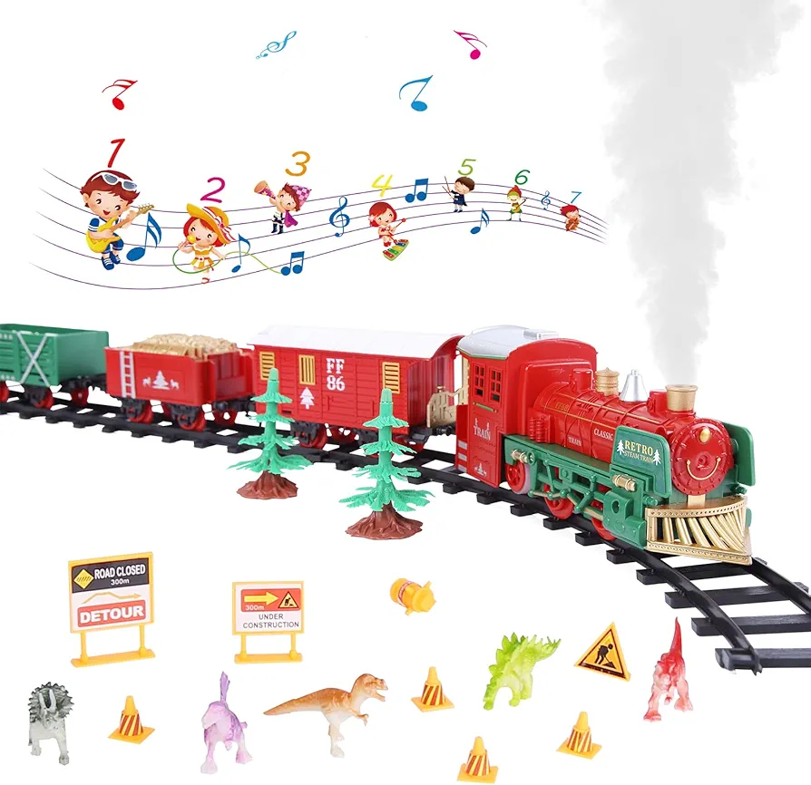 Electric Train Set for Boys and Girls - Christmas Train Set with Real Smoke, Sounds & Lights - Classic Toy Train with Steam Locomotive Engine - Includes 3 Train Cars and 10 Tracks