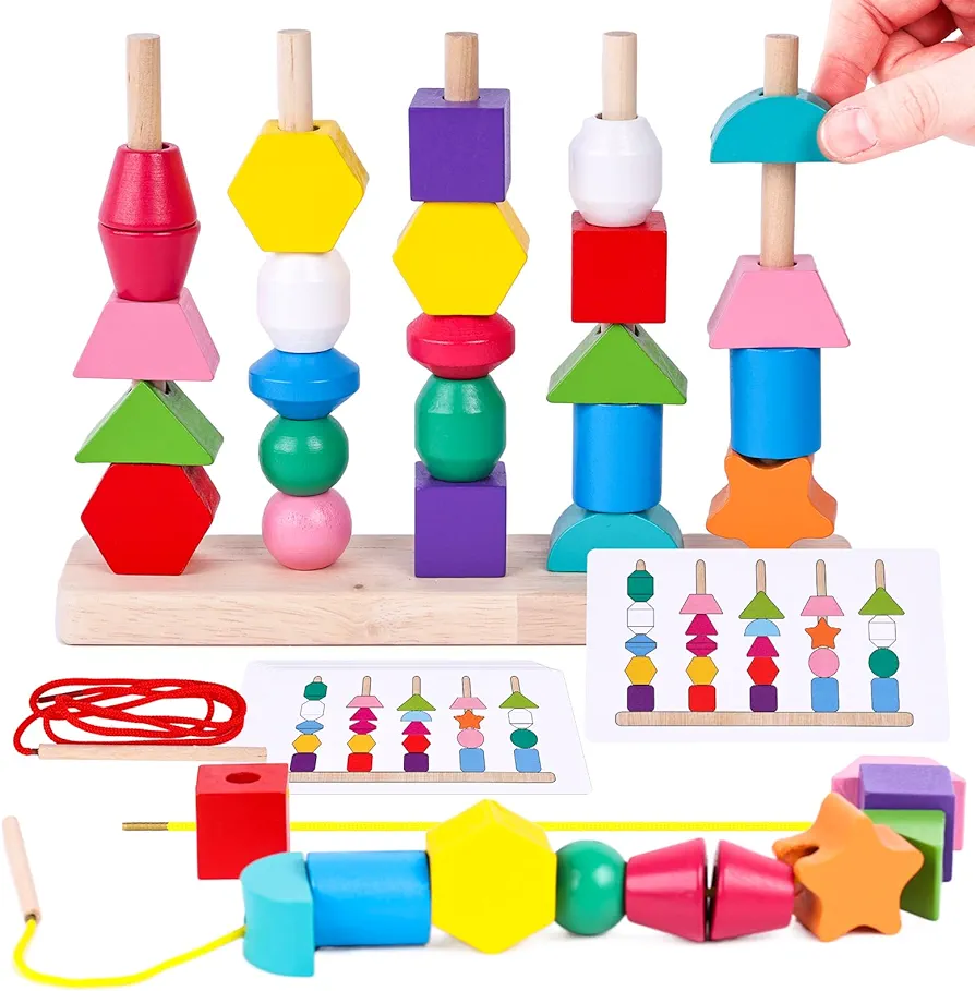 LovesTown Beads Sequencing Toy, Wooden Stacking Toys Montessori Toys for Kids Coordination Toy Educational Preschool Learning Toys for Boys Girls Birthday Gifts