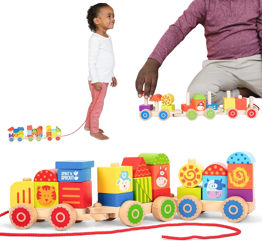 23 Pieces Farm Wooden Train Set for Toddlers 2-4 - Stacking Train Pull Toy Baby Walking Toy - Pull Train Toys for Toddlers 1-3