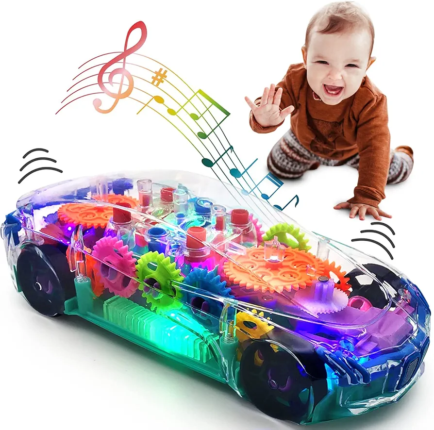 Light Up Transparent Car Toy - Fun and Interactive Electric Car Toy for Kids- Music Car with LED - Colorful Moving Gears -Tummy Time Crawling Baby Light Up Toys for Boys & Girls