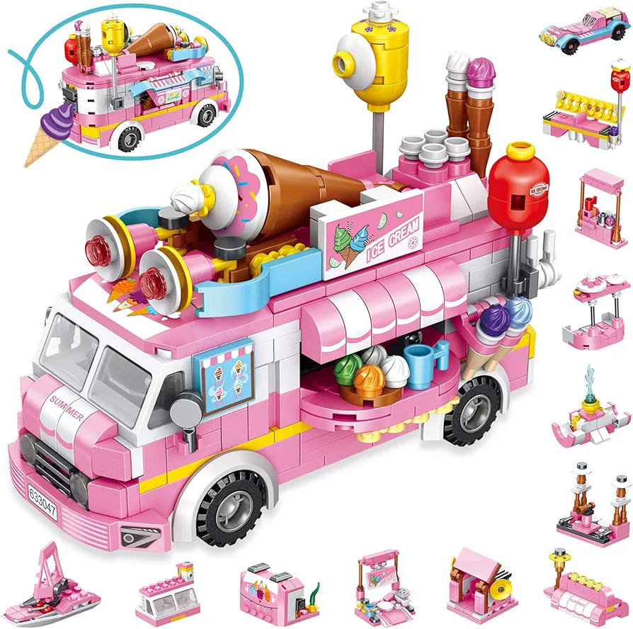 STEM Building Sets for Girls, 553 PCS Ice Cream Trucks Toys for 7, 8, 9, 10, 11 Year Old Kids, 25 Models Food Van Cars Construction Building Block Kits, Birthday Toys Xmas Gifts for Aged 6-12 +