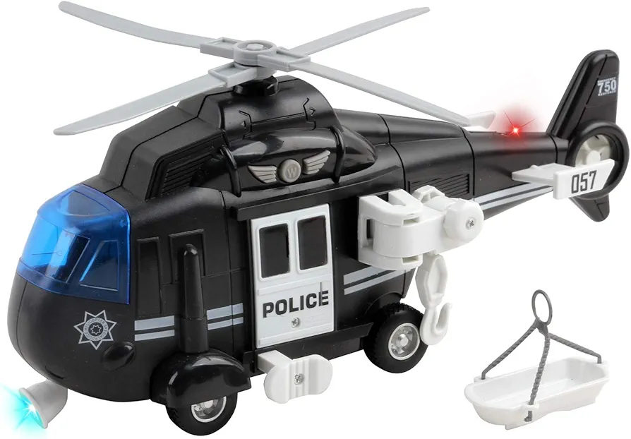 Police Helicopter 11" With Lights And Sounds Push And Go Includes Rescue Basket Durable Toy Friction Kids Cop Chopper SWAT Airplane Pretend Play Truck Great Gift For Children Boys Girl Toddlers